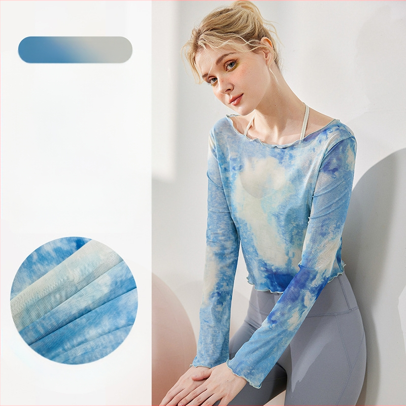 Moterų jogos viršūnė su ilgomis rankovėmis, 40D tinklinis audinys, 95% poliesteris 5% elastanas, trumpas kirpimas, prigludęs siluetas, kvėpuojantis