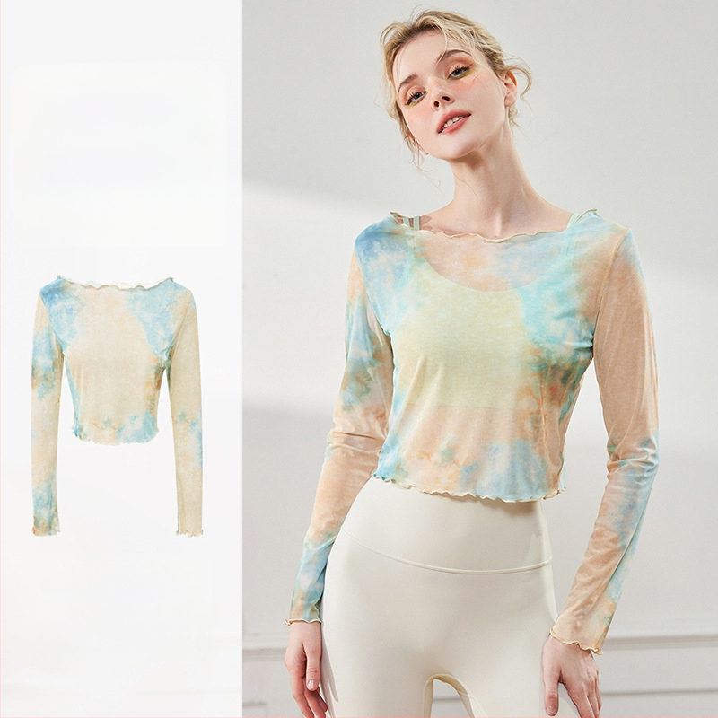 Moterų jogos viršūnė su ilgomis rankovėmis, 40D tinklinis audinys, 95% poliesteris 5% elastanas, trumpas kirpimas, prigludęs siluetas, kvėpuojantis