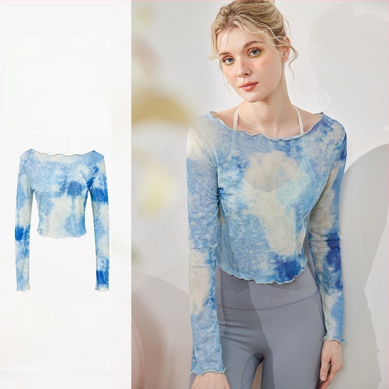 Moterų jogos viršūnė su ilgomis rankovėmis, 40D tinklinis audinys, 95% poliesteris 5% elastanas, trumpas kirpimas, prigludęs siluetas, kvėpuojantis