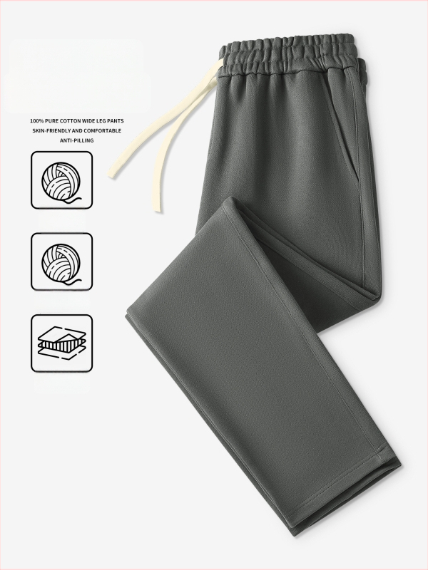 Kasdienės sportinės kelnės iš 100% medvilnės, 420 g, tiesus kirpimas su vidurine juosmeniu, dirželis ir raišteliai