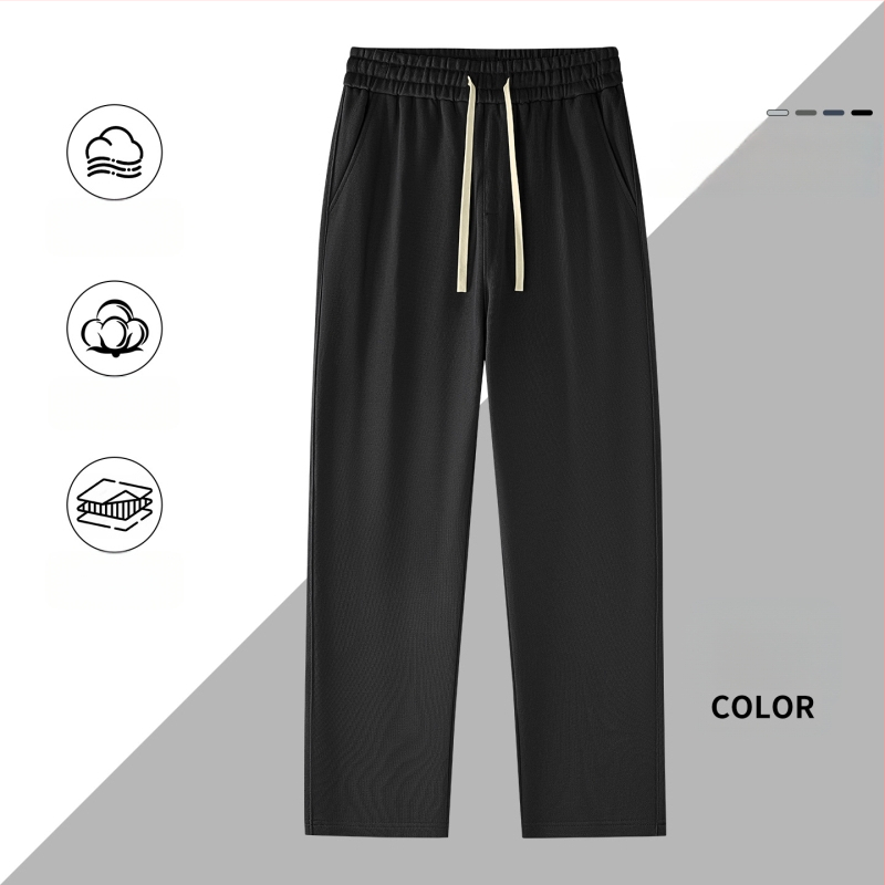 Kasdienės sportinės kelnės iš 100% medvilnės, 420 g, tiesus kirpimas su vidurine juosmeniu, dirželis ir raišteliai