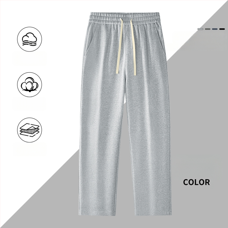 Kasdienės sportinės kelnės iš 100% medvilnės, 420 g, tiesus kirpimas su vidurine juosmeniu, dirželis ir raišteliai