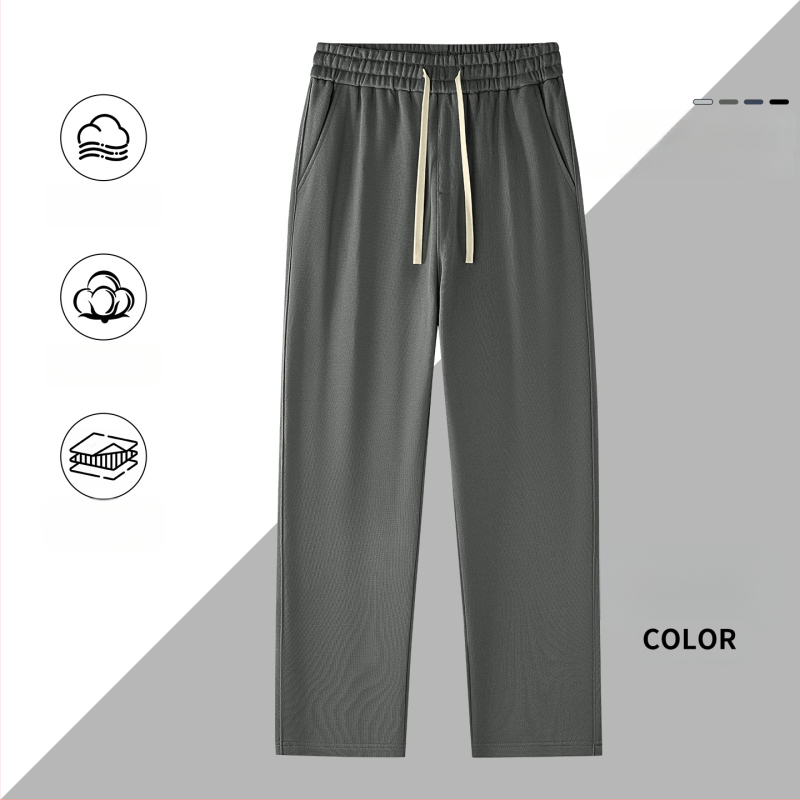 Kasdienės sportinės kelnės iš 100% medvilnės, 420 g, tiesus kirpimas su vidurine juosmeniu, dirželis ir raišteliai