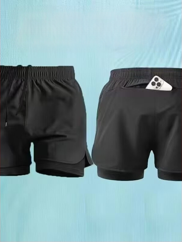 Vyriski greitai džiūstantys plaukimo šortai su dviguba pamušalu; penkių colių ilgio; poliesterio audinys; sporto stilius; tiesus kirpimas.