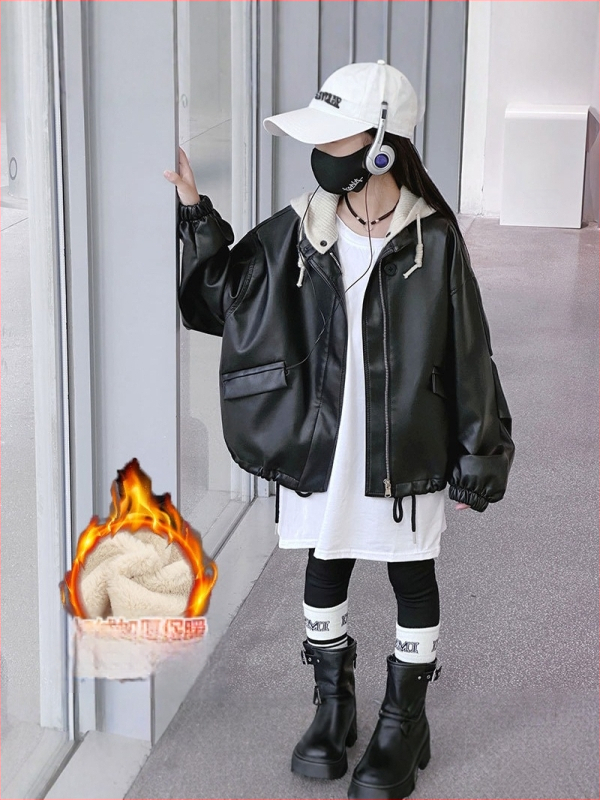 Mergaitėms skirta PU odos striukė korejiško stiliaus su nuimamomis gobtuvais ir užtrauktuku