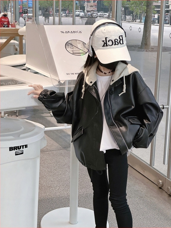 Mergaitėms skirta PU odos striukė korejiško stiliaus su nuimamomis gobtuvais ir užtrauktuku