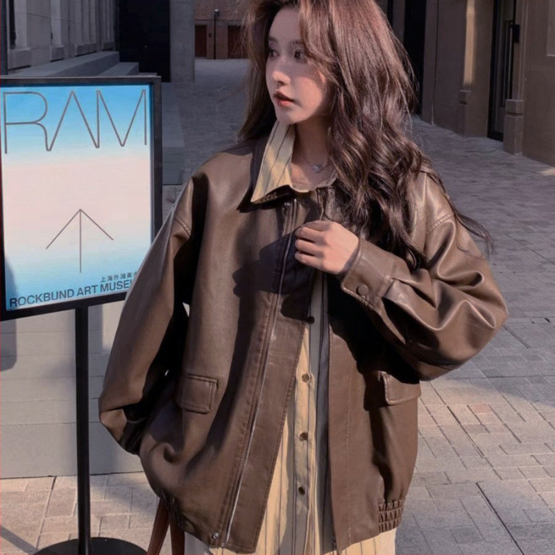 Sieviešu ādas moto jaka, retro stils, pavasaris 2025, polo apkakle, princeses piedurknes, vienas rindas aizdare, īsa garuma (≤40 cm)