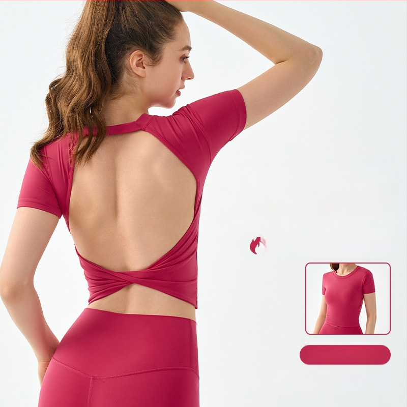 Moterų Jogos marškinėliai su atviru nugara ir krūtinės pagalvėle – slim fit, apvalus kaklas, kvėpuojanti medžiaga, 80% nailonas, 20% spandeksas, trumpos rankovės