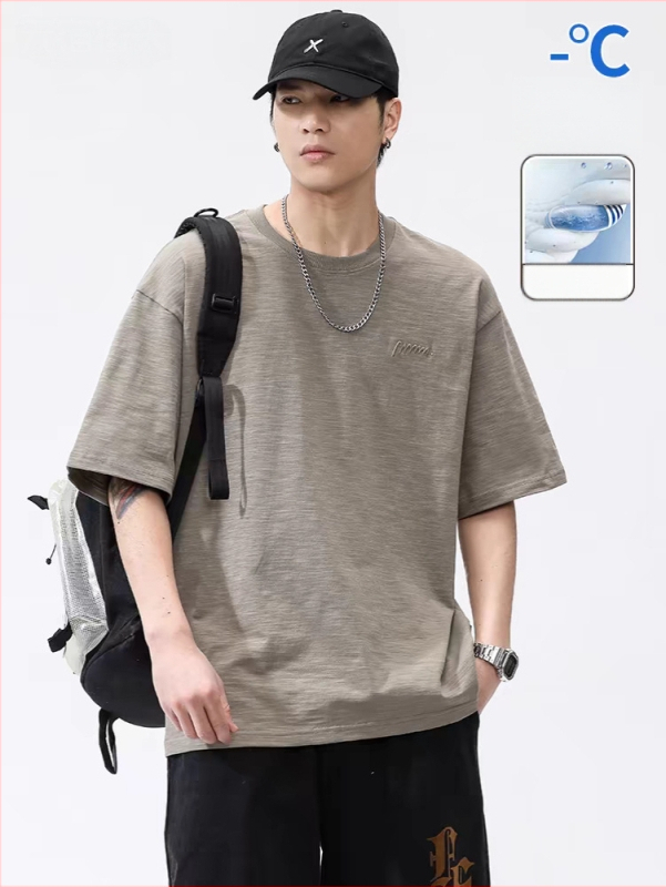 Laisvo kirpimo trumpom rankovėm T-shirt iš slub medvilnės, apvali kaklo linija, 100% medvilnė