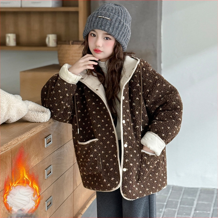 Mergaitėms žieminė striukė iš avies vilnos, korėjietiško stiliaus, gobtuvu, gėlių raštu, užtrauktukas