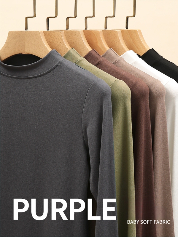 Moteriški modalų-viskozės mišinio marškinėliai su rankovėmis, stovinčiu apykakle, siauras kirpimas, vienspalvis