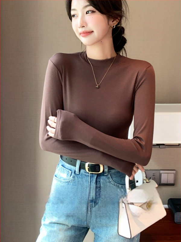 Moteriški modalų-viskozės mišinio marškinėliai su rankovėmis, stovinčiu apykakle, siauras kirpimas, vienspalvis