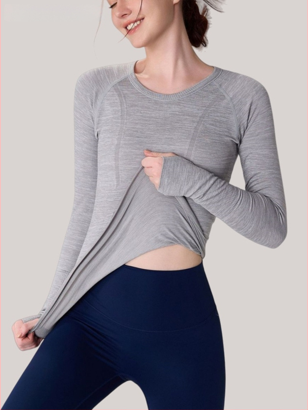 Moterų jogos marškinėliai su ilgu rankovėmis, kvėpuojanti medžiaga, nailonas+spandeksas, aptakus siluetas, klubų ilgis