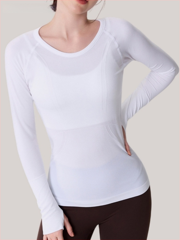 Moterų jogos marškinėliai su ilgu rankovėmis, kvėpuojanti medžiaga, nailonas+spandeksas, aptakus siluetas, klubų ilgis