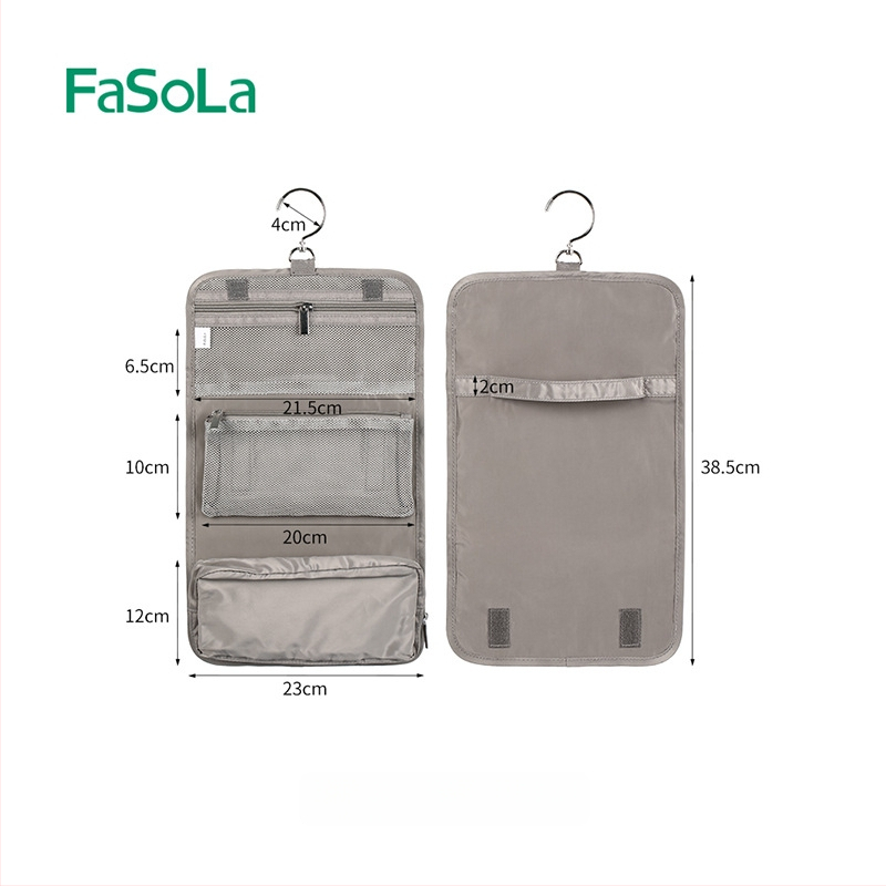 FaSoLa kelioninė kosmetikos ir higienos priemonių saugojimo krepšys – poliesteris, delninės stiliaus, kabinamas, pertvaromis, didelė talpa