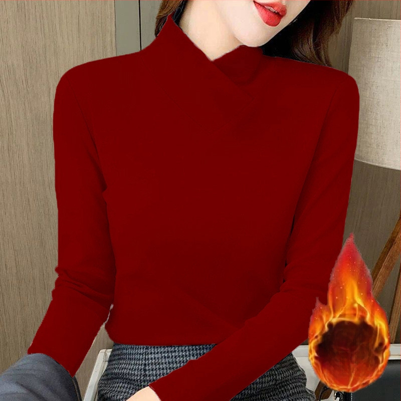 Moteriški marškinėliai su V kaklu, fliso pamušalas, siauras kirpimas, ilgomis rankovėmis, spandekso mišinys