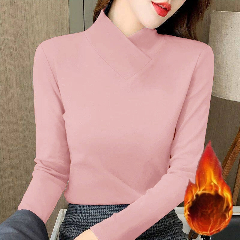 Moteriški marškinėliai su V kaklu, fliso pamušalas, siauras kirpimas, ilgomis rankovėmis, spandekso mišinys