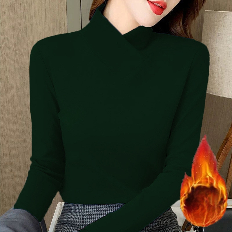 Moteriški marškinėliai su V kaklu, fliso pamušalas, siauras kirpimas, ilgomis rankovėmis, spandekso mišinys