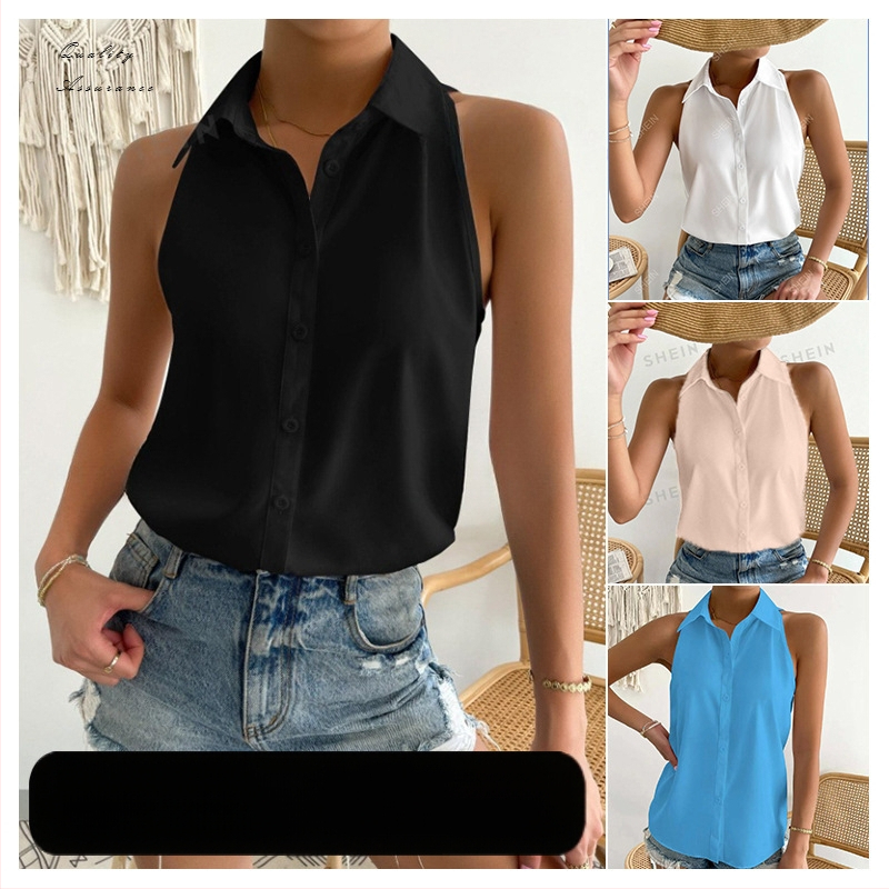 Moteriški satino be rankovių marškiniai – įprastas ilgis, marškinių apykaklė, vientisa spalva, 95%+ satino poliesteris, 2025 m. vasara