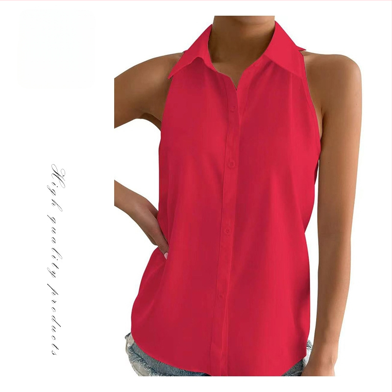Moteriški satino be rankovių marškiniai – įprastas ilgis, marškinių apykaklė, vientisa spalva, 95%+ satino poliesteris, 2025 m. vasara