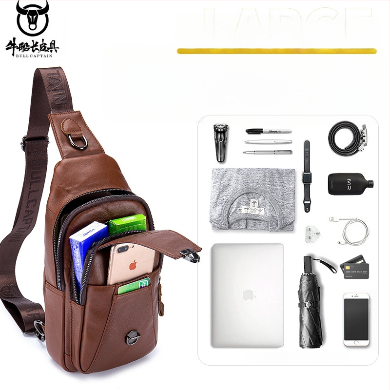 Vyrinė krūtinės krepšys iš tikros odos, atsparus vandeniui, poliesterio pamušalas