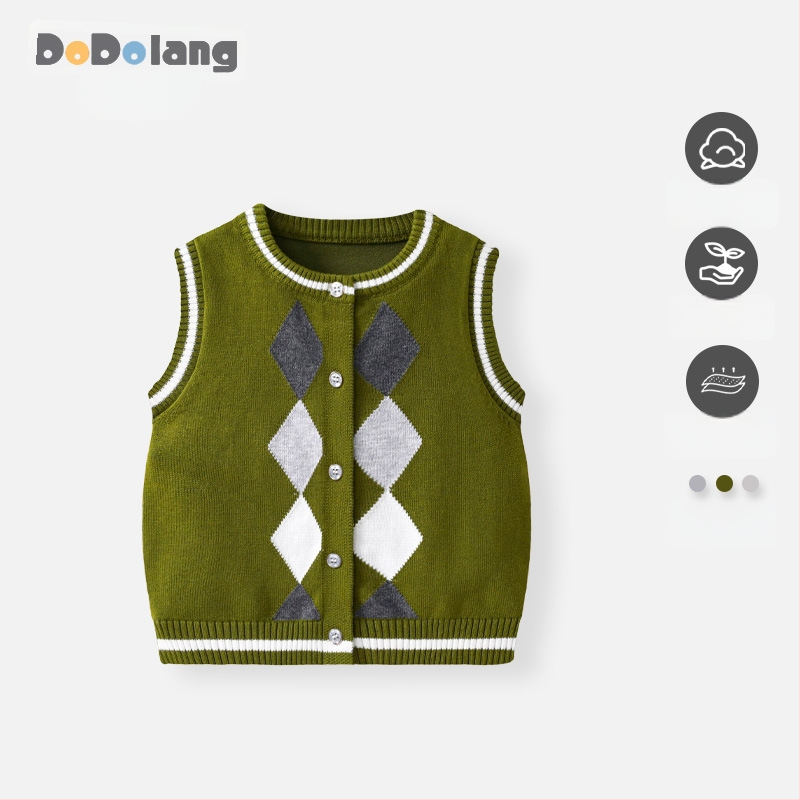 Unisex puuvillane kootud vest kevad-sügis, kardigan-stiil, teemant-ruuduline muster, 100% puuvill, nupuvõtmega sulgemine