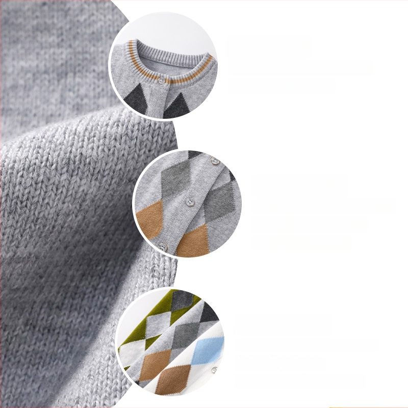 Unisex puuvillane kootud vest kevad-sügis, kardigan-stiil, teemant-ruuduline muster, 100% puuvill, nupuvõtmega sulgemine