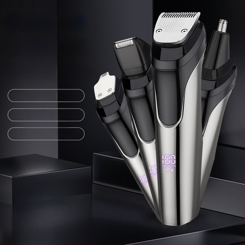 5-in-1 vīriešu kopšanas komplekts, deguna apmatojuma griezējs, nerūsējoša tērauda asmeņi, iebūvēta uzlādes baterija, pilnīgi mazgājams
