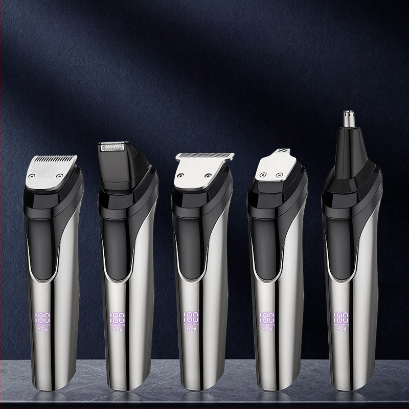 5-in-1 vīriešu kopšanas komplekts, deguna apmatojuma griezējs, nerūsējoša tērauda asmeņi, iebūvēta uzlādes baterija, pilnīgi mazgājams