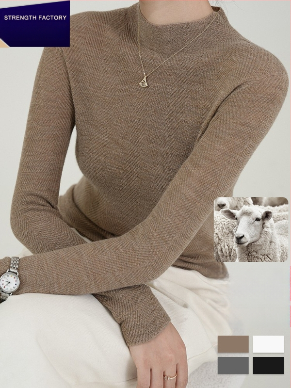 Moteriškas vilnos megztinis su pusaukščiu kaklu, siaura kirpimo linija, ilgos rankovės, 95% vilna, ruduo 2025