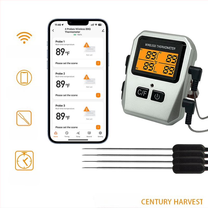 Belaidis Bluetooth kepsninės termometras su keturiomis sondomis, Tuya Smart programėlė suderinama, tinka virtuvei ir orkaitėi, temperatūros raiška 1°C/1°F