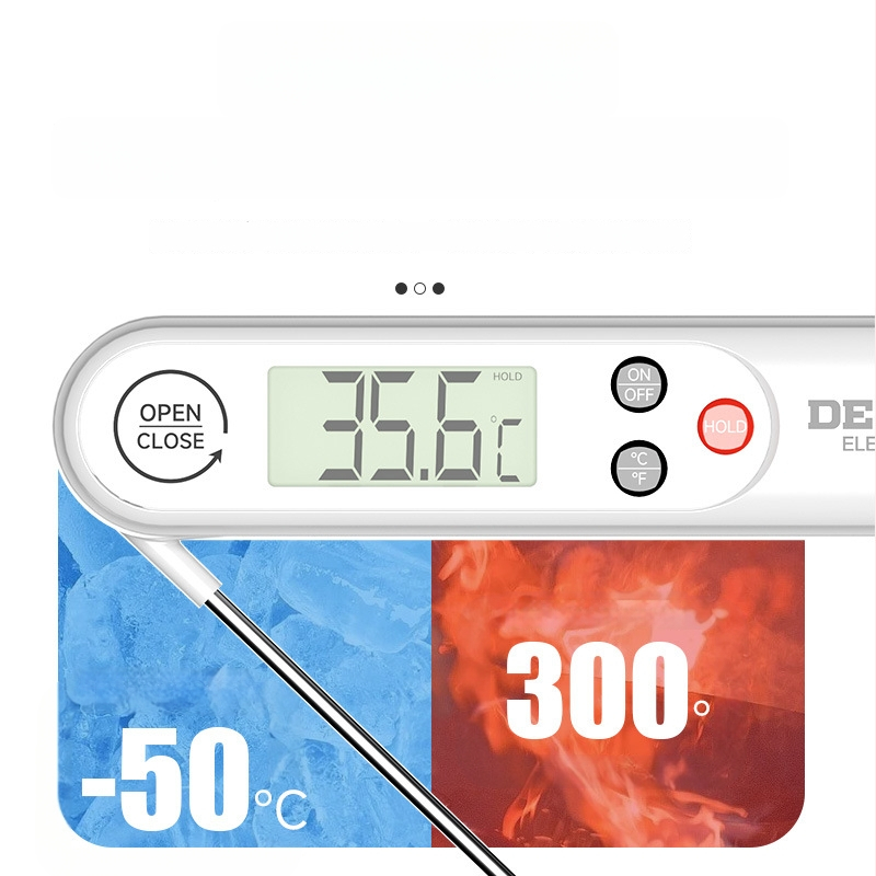 Delixi atsparus vandeniui sulankstomas maisto termometras, diapazonas -50°C iki 300°C, 0.1°C raiška, 304 nerūdijančio plieno zondas