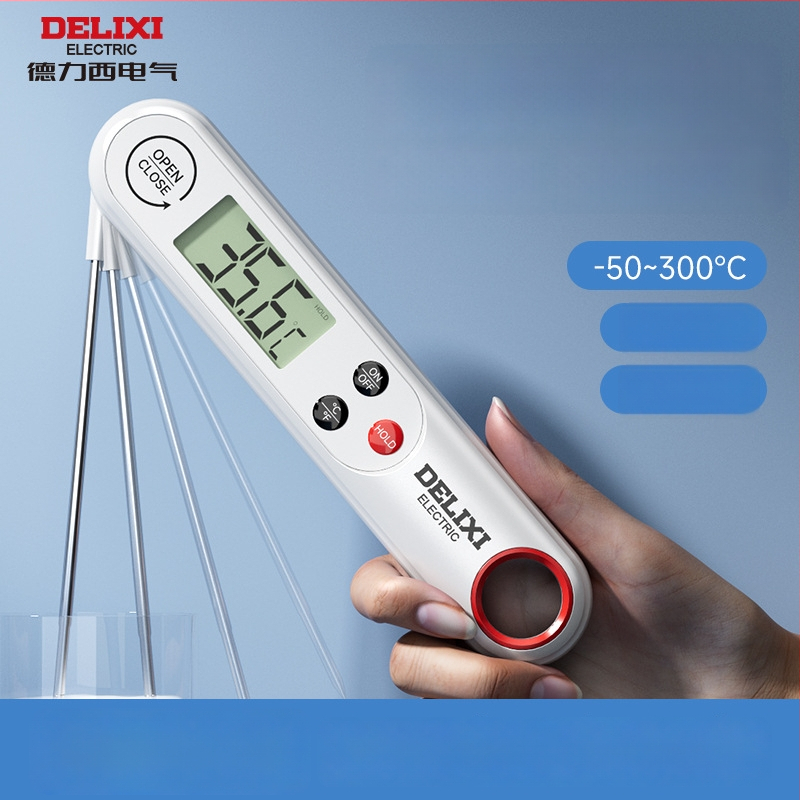 Delixi atsparus vandeniui sulankstomas maisto termometras, diapazonas -50°C iki 300°C, 0.1°C raiška, 304 nerūdijančio plieno zondas