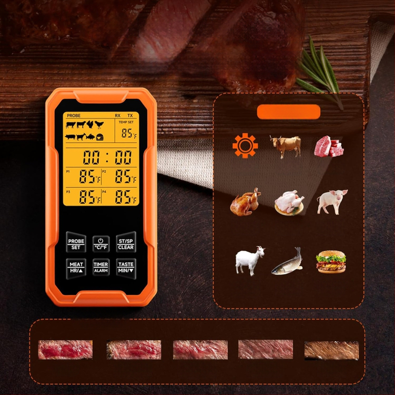 Maisto termometras su 4 jutikliais, Bluetooth belaidis, atsparus vandeniui, nerūdijantis plienas, kepimui ant grotelių