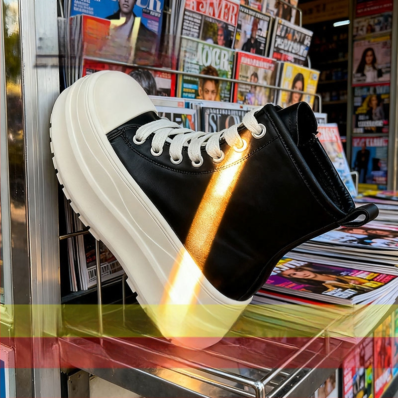 Augsti sieviešu sporta kurpes ar biezāku zoli, 2025. gada rudens, PU augšdaļa, gumijas zole, krustveida aizvērums, apaļa purns