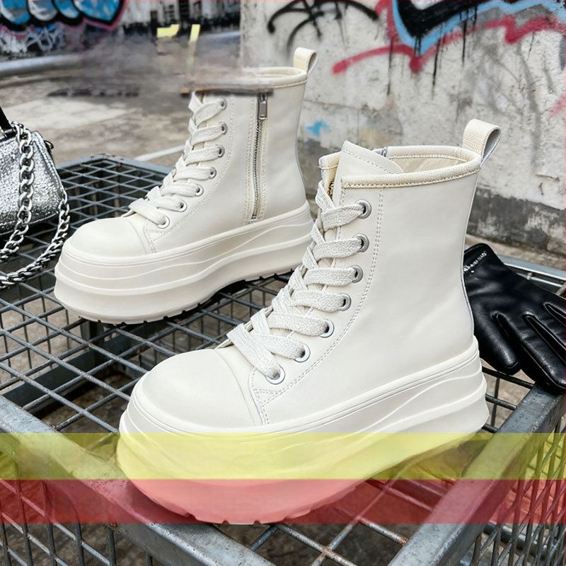 Augsti sieviešu sporta kurpes ar biezāku zoli, 2025. gada rudens, PU augšdaļa, gumijas zole, krustveida aizvērums, apaļa purns