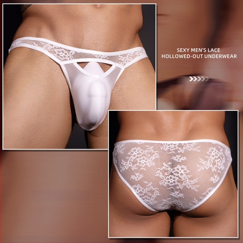 Vīriešu mežģīņu caurspīdīgas biksītes ar atverēm, trīs punktu stils, neilona audums