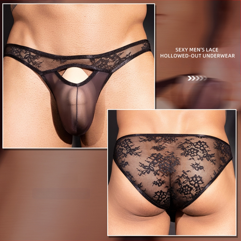 Vīriešu mežģīņu caurspīdīgas biksītes ar atverēm, trīs punktu stils, neilona audums