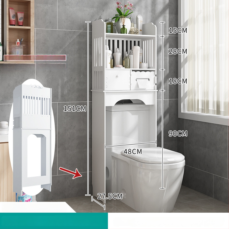 WC un vannas istabas uzglabāšanas plaukts, grīdas stāvošs skapis ar 4 plauktiem, plastmasas ar koksnes-plastmas pārklājumu, 10 kg slodze