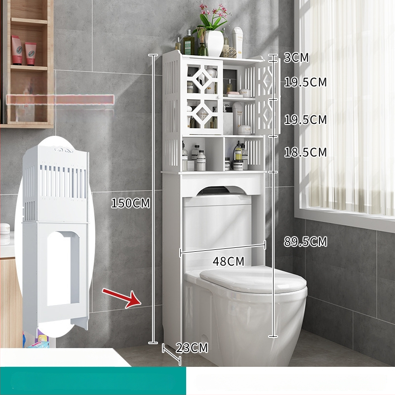 WC un vannas istabas uzglabāšanas plaukts, grīdas stāvošs skapis ar 4 plauktiem, plastmasas ar koksnes-plastmas pārklājumu, 10 kg slodze