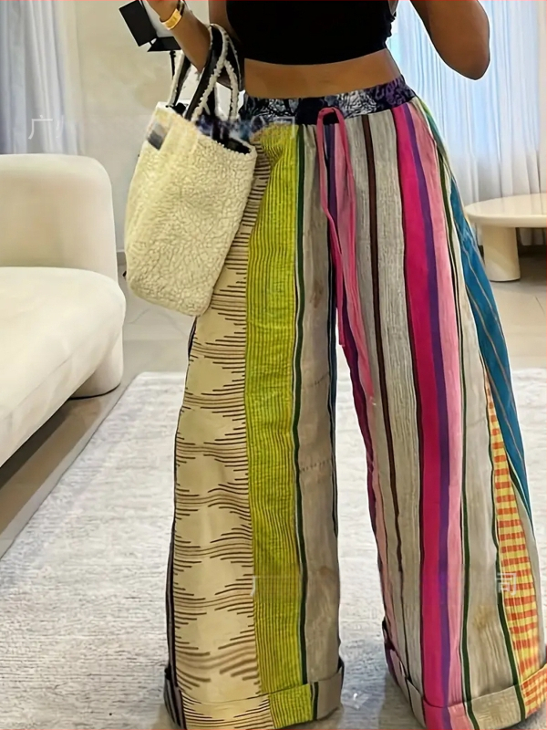 Naiste sirged püksid, pikkade jalgadega, kõrge vöökoht, triibuline trükk, polüester-elastaani segu, keskmine paksus, linnaliku stiil