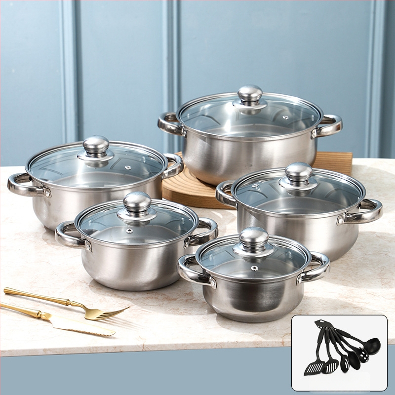 Poti komplekt 400-sarja roostevabast terasest, suitsuvaba pott, klaas kaas, ühilduvus üldise pliidiga, 10-osaline komplekt