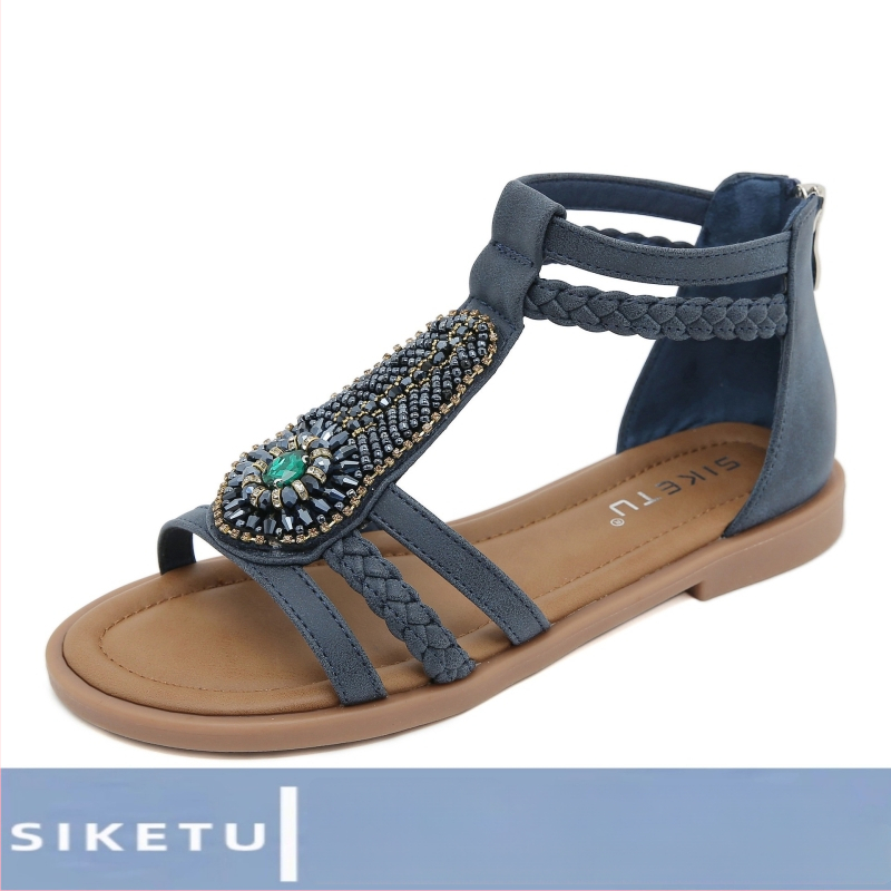 K9001-4 Romiešu sanderes ar bohemiskām pērlītēm un rhinestones, aizmugurē rāvējslēdzējs, PU augšējā daļa, TPR zole, apaļa pirksta