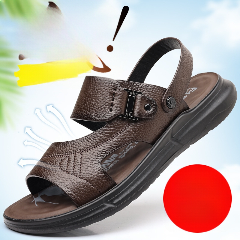 Vyriniai sandalai iš pirmosios karvės odos, PU padas, laisvalaikio stilius su atvirais pirštais, kvėpuojantys (Viršus: pirmosios kokybės karvės oda; Padas: PU; Stilius: laisvalaikio, atviras pirštas; Funkcija: kvėpuojančios; Amžius: 18–40)