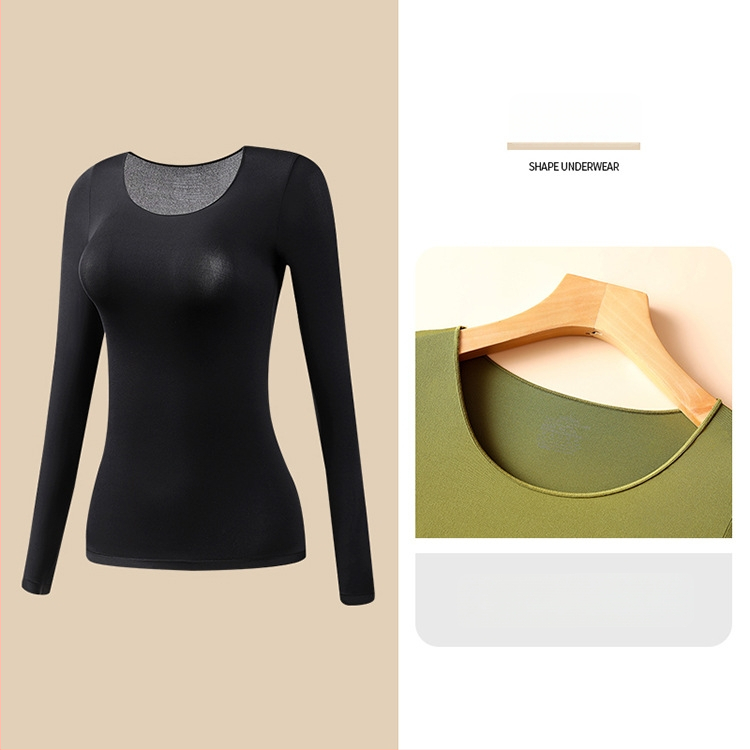 Moterų ultra plonas bešiuvas šilumos termo apatinių komplektas — ilgų rankovių viršūnė ir ilgoms kelnioms; anti‑statinis, kūno formavimas, hidracija hialurono rūgštimi; audinys: nailonas-spandeks (80–90% spandekso).