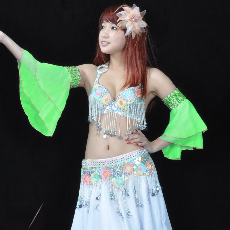Kahekihi varrukad kõhu tantsukostüümile helmeste tikandiga – šifoon polüester, kaasaegne tantsukostüüm