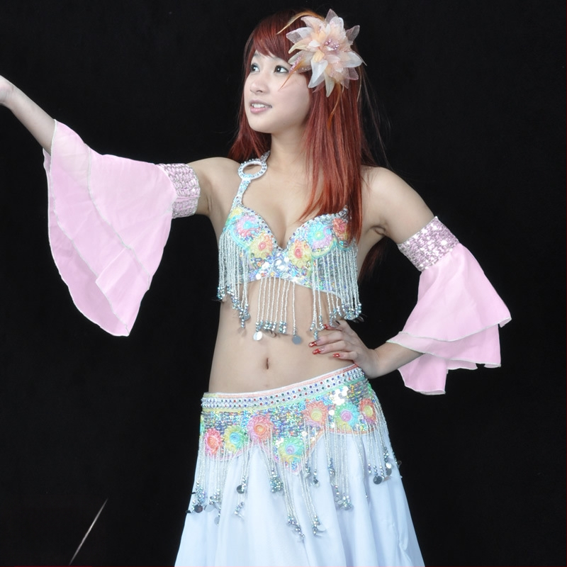 Kahekihi varrukad kõhu tantsukostüümile helmeste tikandiga – šifoon polüester, kaasaegne tantsukostüüm