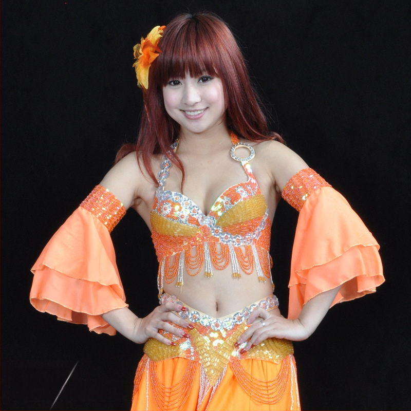 Kahekihi varrukad kõhu tantsukostüümile helmeste tikandiga – šifoon polüester, kaasaegne tantsukostüüm