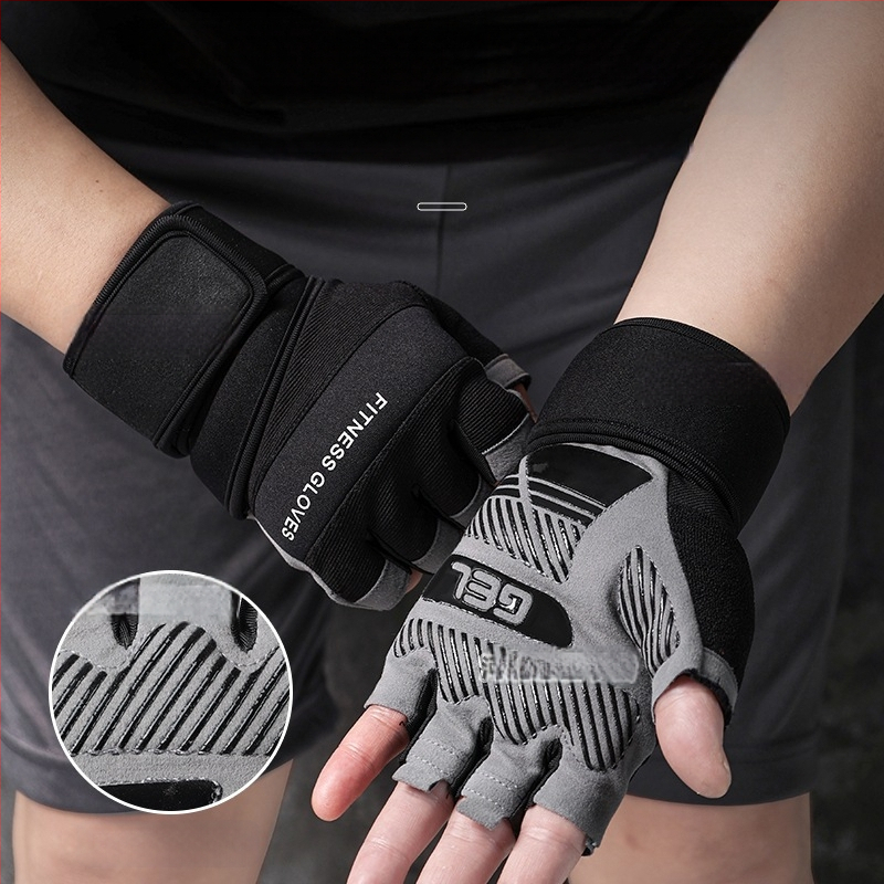 Fitnesa cimdi svaru celšanai ar plaukstas locītavas aizsardzību, puspirkstu dizains, neslīdošs silikons, mikrošķiedra + silikons
