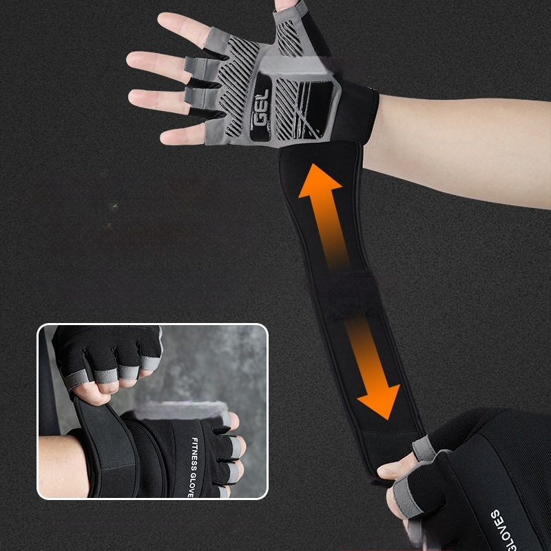 Fitnesa cimdi svaru celšanai ar plaukstas locītavas aizsardzību, puspirkstu dizains, neslīdošs silikons, mikrošķiedra + silikons